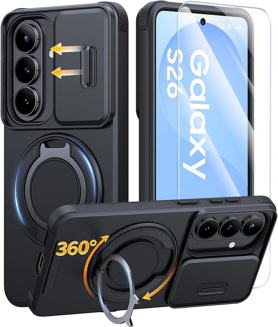 JAME for Samsung Galaxy S26 Case, Ring Holder Stand Kickstand, Slide Camera Cover with Screen Protector, Dual-Layer Shockproof Protective, Magnetic Accessory Friendly Galaxy S26 Phone Case, Black