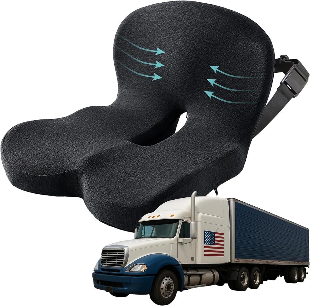 Memory Foam Seat Cushion for Truck Drivers, Office Chairs, Car Seats, Sciatica Relief Pillow for Tailbone, Ergonomic Pressure Relief Pad for Long Sitting & Driving Ergonomic Chair Pad (Black)