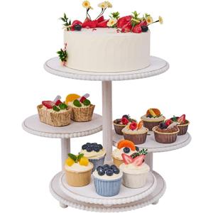 GENMOUS 4 Tiered Beaded Cake and Cupcake Stand Combo for Birthday Party Decor, Rustic Wooden Cupcake Tower Stands for 50 Cupcakes, White Cupcake Tier Stand Display for Wedding Baby Shower Tea Party
