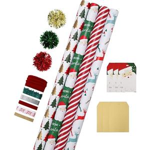 LaRibbons Christmas Wrapping Paper Set, Reindeer & Snowflake Design with Gift Bow & Ribbons & Tags, Perfect for Holiday, Party, Xmas Celebration,30 Inch X 10 Feet (4Rolls, 100 sq.ft.ttl.)