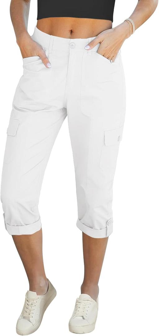 LookbookStore Capri Pants for Women High Waisted Cargo Casual Elastic Waist Rolled Hem Summer Capris Pants with Pockets (White, XXL)