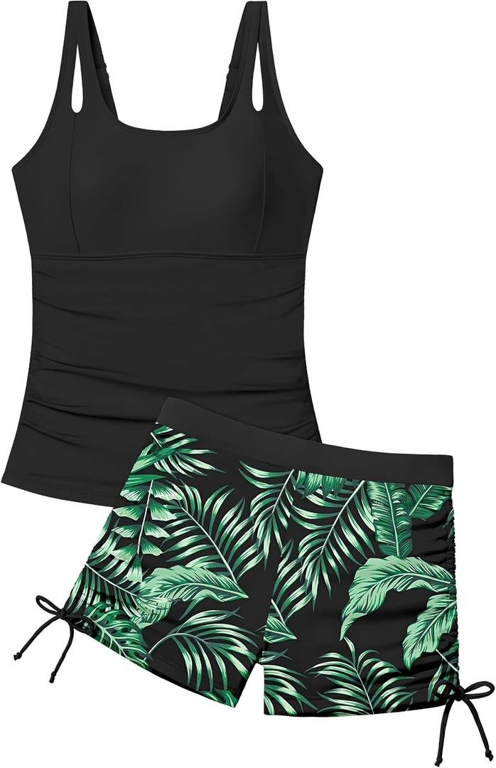 Girls Tankini Swimsuit 2 Piece Bathing Suits for Girls Square Collar Swim Tank Top and Drawstring Bottoms for 15-16Y, Black+Green