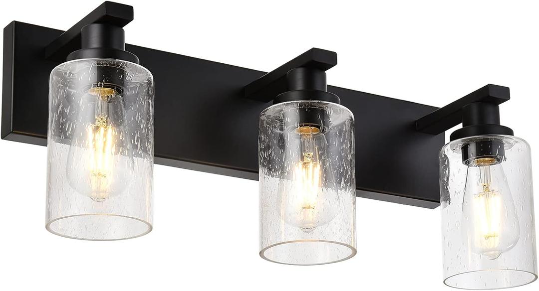 Vanity Lights 3-Lights Bathroom Light Fixtures Over Mirror in Black Finished, Bath Wall Lighting with Cylinder Seeded Glass