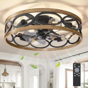 G-SAFAVA 20" Ceiling Fans with Lights and Remote, 6 Wind Speeds 3 Timing Quiet Flush Mount Low Profile Caged Ceiling Fan for Bedroom Living Room Kitchen, Farmhouse Reversible Ceiling Fan, Wood Grain