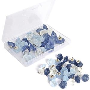 30 Pcs Flower Push Pins Cute Rose Decorative Push Pin for Cork Board Clear Blue Floral Thumb Tacks for Wall Bulletin Board Travel Map or Photo Floret Tacks Home Office Supplies Accessories