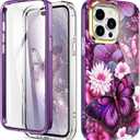 Cute Flower Case for iPhone 14 Pro 6.1 inch Built with Screen Protector, Lightweight and Stylish Full Body Shockproof Protective Rugged TPU Case for Women/Girls-Butterfly