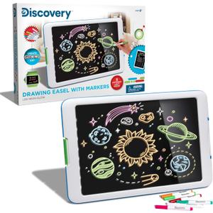 Discovery Kids Neon Glow Drawing Easel w/ 6 Color Markers, Built-in Kickstand/Wall Mount, 5 Light Modes, Easy Clean/Washable, Wide Screen, Flat Storage, Portable Travel Activity, Electronic Activity