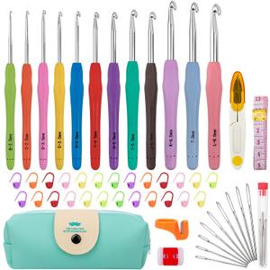 MECHEER Crochet Hooks 12 Sizes Crochet Hook Set, 51 Pack Yarn Crochet Kit for Beginners, Knitting Needles with Ergonomic Handles for Arthritic Hands, Crochet Needle Kit with Blue Case for Crocheters