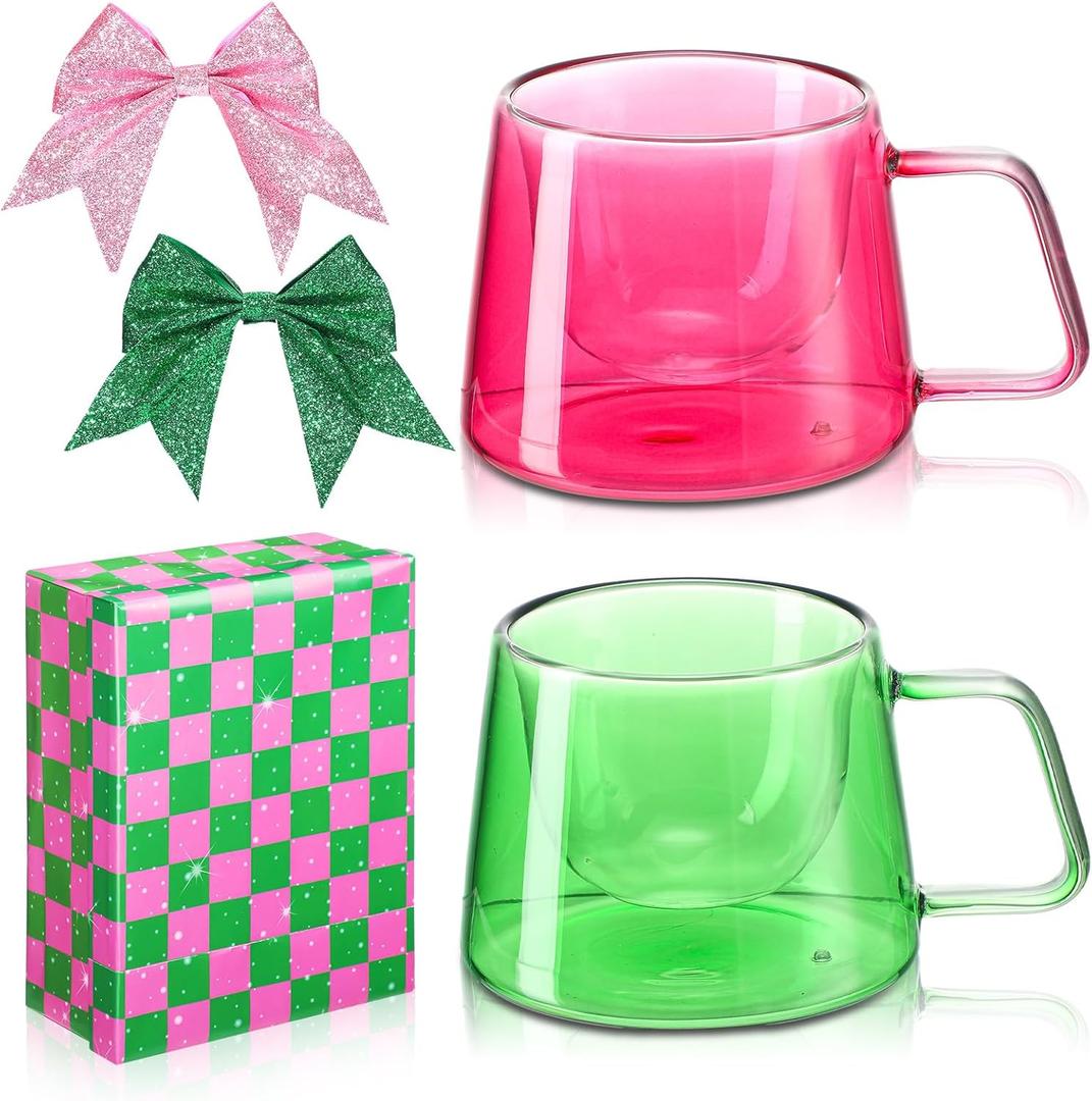 Honeydak 5 Pcs Witch Pink Green Espresso Cups Set Witch Party Glass Mugs Gift 8 oz Pink Green Reusable Glass Cups 2 Glitter Bows for Women Birthday BFF Couples Princess Lover Musical Party Decorations