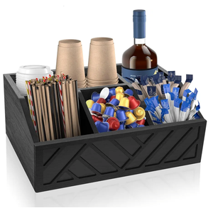 Moderock CoffeePod Holder Coffee Bar Condiment Storage Wooden Coffee Bar Accessories Holder for Countertop, CoffeePod & Syrup Organizer, Farmhouse CoffeeStation Organizer (Black).