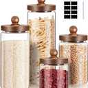 Gerrii Glass Storage Jars Set of 4, Clear Food Storage Containers with Wooden Lids Airtight Kitchen Canisters with Sticker and Chalk for Candy Cookie Rice Sugar Flour Pasta Nuts Beans Spice, 4 Sizes