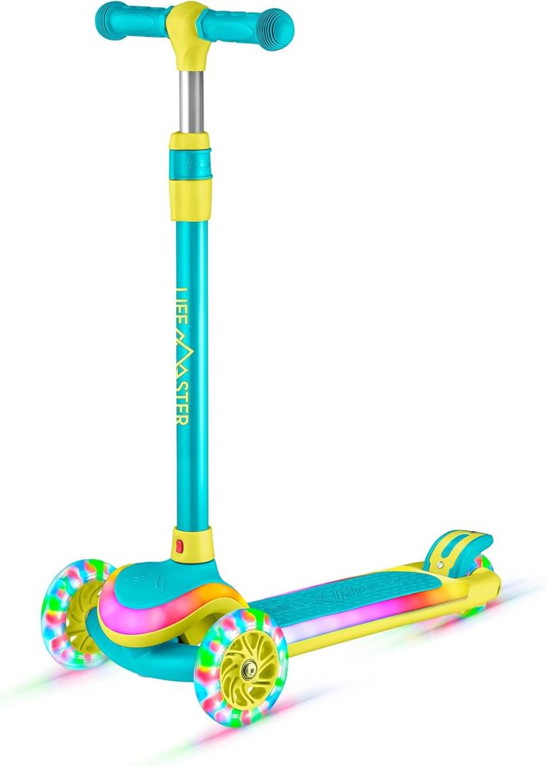 3-Wheel Kids Scooter with Multi-Color Lights on Deck & Wheels  5-Height Adjustable Handlebar, Wide Anti-Slip Deck, Child Safety Certified, Boys & Girls Ages 3+ Supports Up to 150 lbs (Aqua Yellow)