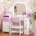 Kids Vanity with Lights and Chair, Princess Makeup Vanity Desk with Mirror Bookshelf Storage Cabinet,3 in 1 Toddler Vanity Table, Children Makeup Dressing Table, Pretend Play Vanity Set for Little Girl