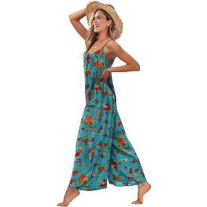 YESNO Casual Wide Leg Jumpsuits for Women Boho Floral Pleated Wide Leg Overalls Rompers Vacation Outfits with Pockets PIA (XL)