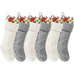 Christmas Stockings 18 Inches,Long Knitted Socks Christmas Decoration Hanging Stocking Fireplace Xmas Tree Stocking for Home Family6P-3white+3gray