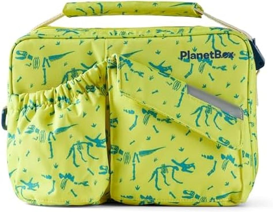 PlanetBox Insulated Lunch Bag  Banana Dino Edition Carry Bag with Pockets for Water Bottle and Snacks  Durable, Easy to Clean, and BPA Free (9 x 12 x 2.5 in)