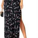 Women's Satin High Waisted Side Split Maxi Skirt Elastic Waistband Long Silk Skirts for Women, Floral Black, S