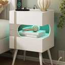 JOONEE White Nightstand with Charging Station and LED Lights,Modern Bedside Table with 2 Storage Drawer,Night Stand with Solid Wood Legs,White (White-2)