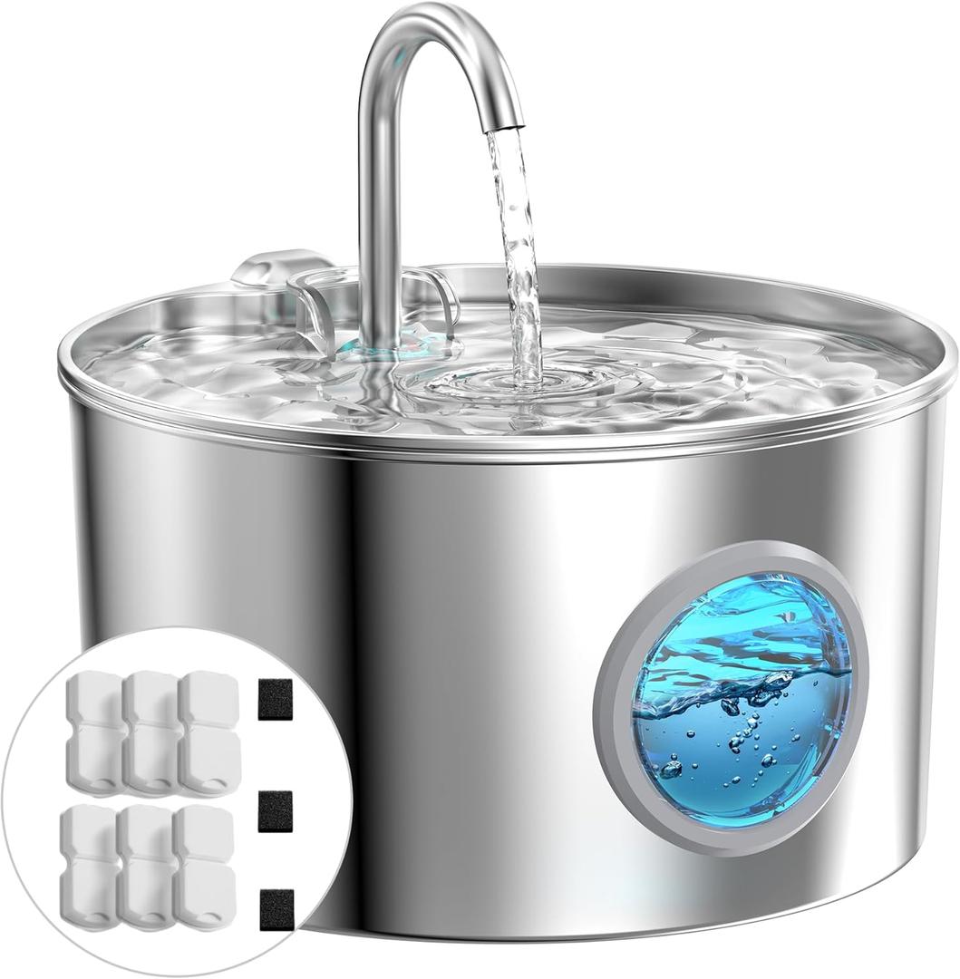 Cat Water Fountain Stainless Steel: Cat Fountain for Drinking with 6 Filters + 3 Sponges - 74oz/2.2L Pet Water Fountain for Cats Inside - Quiet Cats Water Bowl Dispenser - Kitten Drinking Fountains