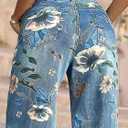 Flamingals Mid-Rise Vintage Floral Straight Leg Pants for Women Summer Casual Denim Pants Deep Blue L