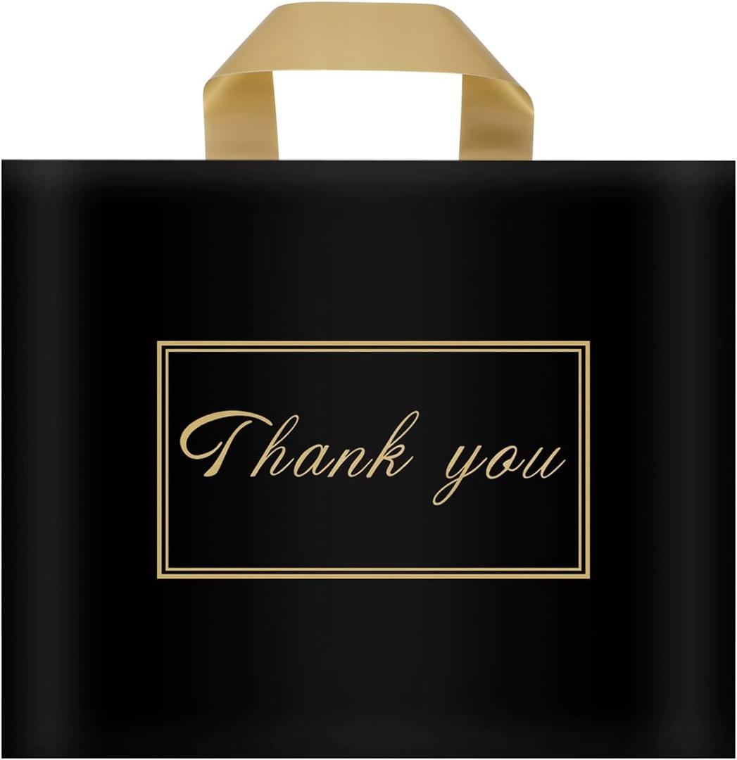 Thank You Plastic Shopping Bags for Small Businesses Extra Large Thick Bulk Merchandise Gift Bags with Handles for Customers Party Favors, Black 50 Pack (Black 15 X 12 INCH)