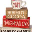 4 Pcs Wooden Christmas Tabletop Decor Hot Cocoa Tiered Tray Decor Rustic Wood Hot Cocoa Block Sign Gift Merry Christmas Centerpiece Farmhouse Winter Table Decoration