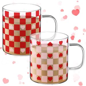 2 Pcs Heart Mugs 12 oz Valentine Glass Cups with Handle Pink Red Checkered Heart Iced Coffee Cups for Couples Valentine's Day Gifts for Anniversary Wedding Engagement Birthday Couple Gifts