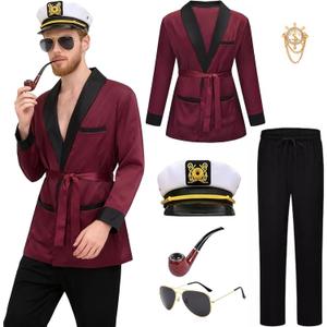 Kicpot Men Red Silky Robe Jacket Captain Halloween Costume Set Pajama Outfits Adult Men Women Sailor Hat Sunglasses (Medium)