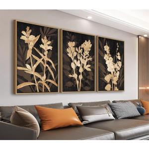 Large Rustic Framed Wall Art - Natural Float Framed Brown Flower Branch Black Canvas Pictures Decor Brown Leaf Artwork Prints for Bedroom Living Room Kitchen Home Office Decoration 72" X 36" Set of 3 (Sepia)
