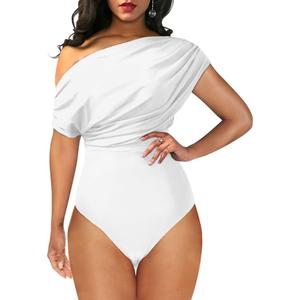 YMDUCH Women's Sexy Off Shoulder Sleeveless Bodycon One Piece Bodysuit Top (White), XL