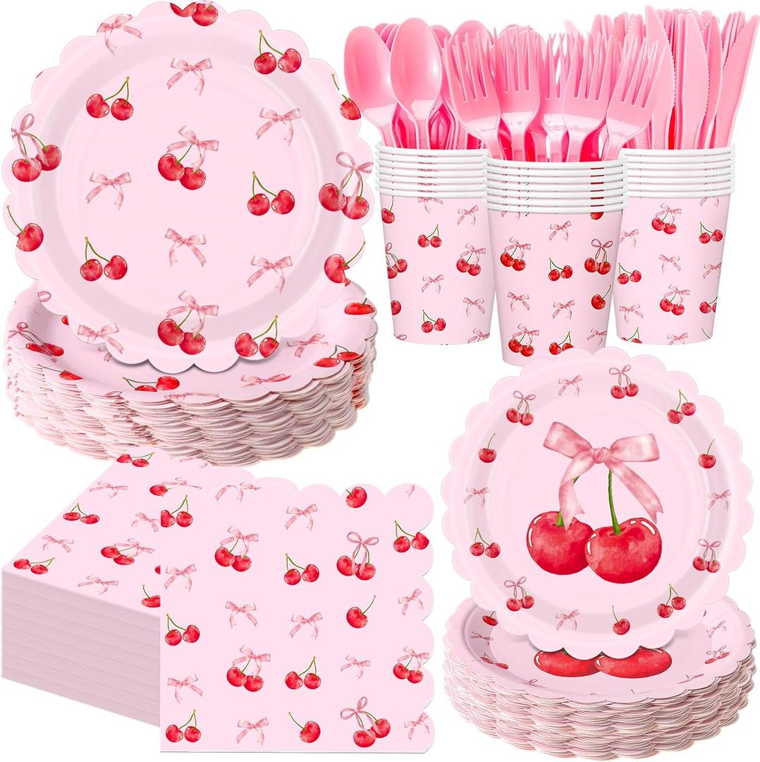 400 Pcs Cherry Birthday Party Decorations for 50 Guests, Red Pink Cherry Bow Scalloped Paper Plates Napkins Cups Cutlery for Pink Bow Coquette Baby Shower Bridal Shower Party Supply