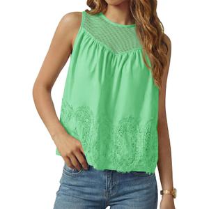 Tankaneo Womens Lace Tank Tops Summer Casual Mesh Loose Fit Sleeveless Blouses Pleated Crew Neck Tees Shirts (Green, S)