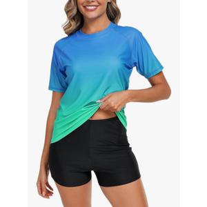 Halcurt Women's Built in Bra Rash Guard UPF 50 Two Piece Swimsuit Shirt and Board Shorts XL