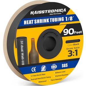haisstronica 3:1 Heat Shrink Tubing, Shrink Ratio Adhesive Lined Marine Grade Heat Shrink Tube for Home, Automotive and Industrial (Black) 90FT 1/8inch