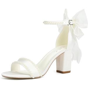 Pearl Heels Wedding Shoes for Bride Block Heel Bridal Shoes Bow Tie Heeled Sandals Wedding Heels (8, Ivory)