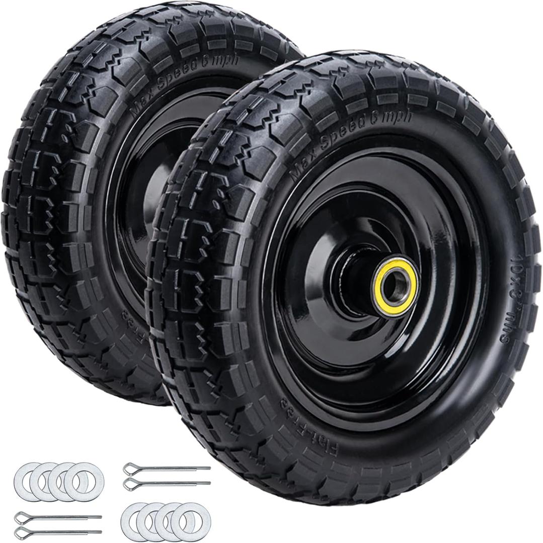10" Solid Rubber Tires, 4.10/3.50-4 Tire and Wheel Flat Free, 2-Pack with 3/4" Bearings, 2.17"Offset Hub for GOR Garden Cart, Wheelbarrow, Trolleys, Hand Trucks & Yard Trailers