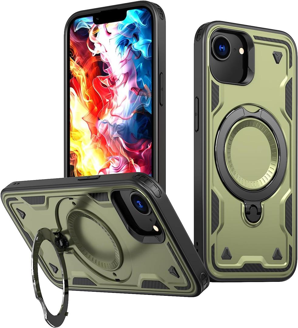 Case for iPhone 16e Heavy Duty Case with Stand, Compatible with MagSafe, Magnetic Armor Resistant Shockproof Protection Camera Cover iPhone 16e Case (Green)