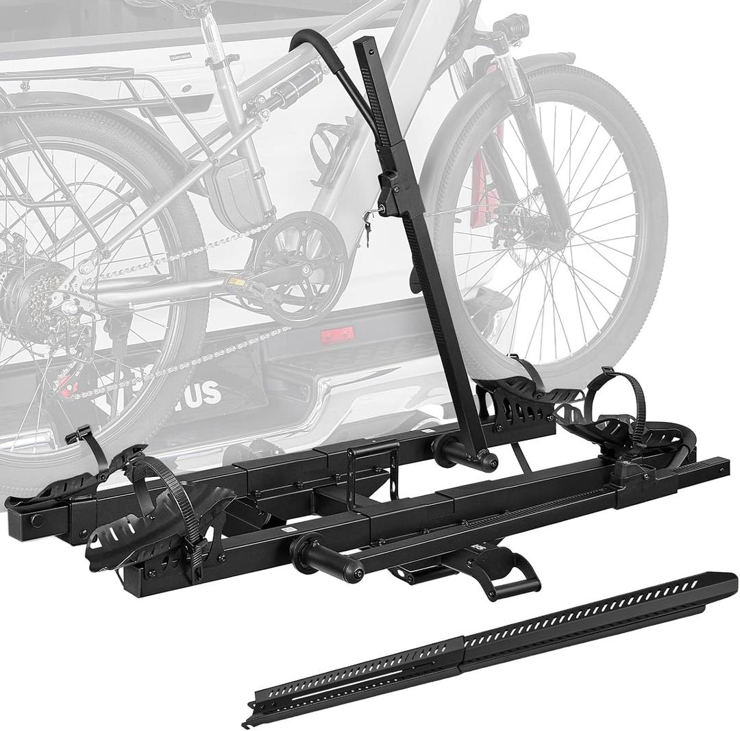 JOYTUTUS Hitch EBike Rack with Ramp for 2 E-Bikes, 200 LBS Capacity Electric Bike Rack for Cars SUVs Trucks, Easy Tilting Foldable Bike Carrier Platform Mount for 2" Receiver, Fits up to 5" Fat Tire