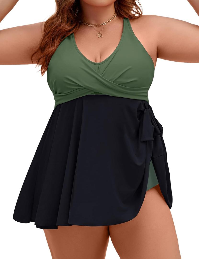 Edelqual Womens Plus Size Tankini Swimsuit Two Piece Tummy Control Bathing Suits Swim Dress Swimwear with Shorts (XX-Large Plus, Army Green & Black)