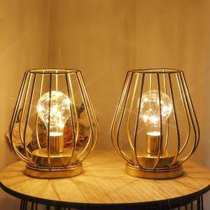 TRIROCKS Set of 2 Metal Battery Operated Lamp 7'' Tall Mini Cage Shape Cordless Table Lamp Battery Lanterns with Warm Fairy Lights Bulb for Patio Garden Wedding Parties Indoor Outdoor(Gold)