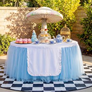 Chumia Wonderland Party Tulle Table Skirt 6 ft Wonderland Tea Tables Skirt Blue Mesh Tablecloth with White Apron for Tea Birthday Baby Shower Wedding Party Decoration