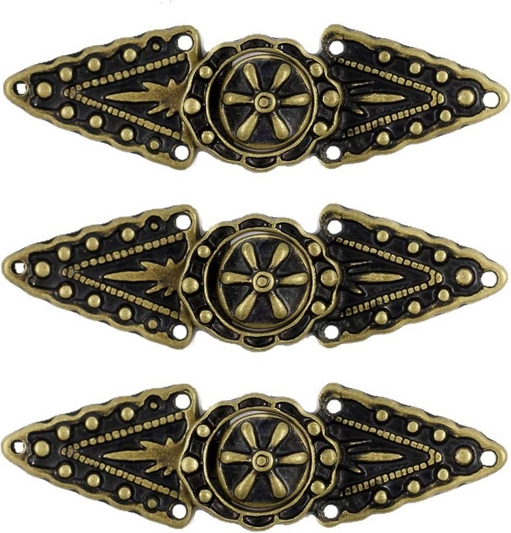 2 x Bezelry 6 Pairs Triangles and Flower Cape or Cloak Clasp Fasteners. 52mm x 15mm Fastened. Sew On Hooks and Eyes Cardigan Clip (Antique Brass)