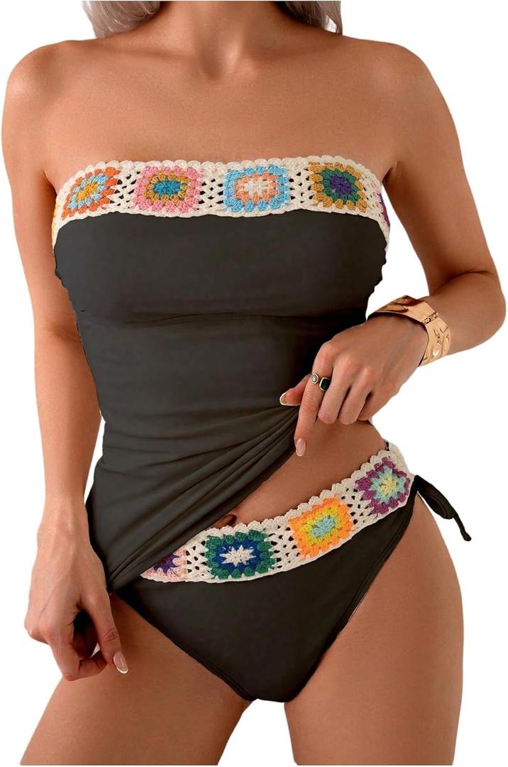 WDIRARA Women's 2 Piece Floral Strapless Tankini Swimsuits High Waisted Thong Bathing Suit (Medium, Black)