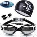 Swimming Goggles Waterproof and Cap Set 4 in 1, UV 400 Protection Lenses Clear Anti-Fog