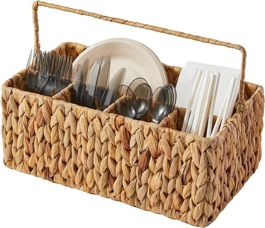 Utensil Caddy, Utensil Basket for Table,Napkin and Utensil Holder, Silverware Caddy, Cutlery Holder, Utensil Holder for Party, Picnic Caddy for Plates and Utensils (water hyacinth)