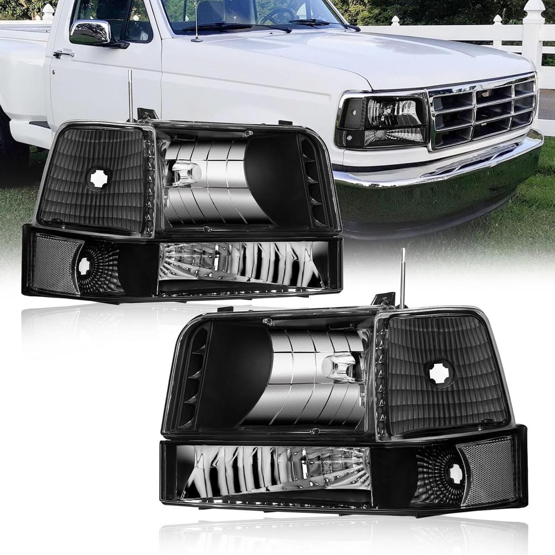 Headlights Compatible with 1992-1996 Ford F150 F250 F350 &1992-1996 Ford Bronco Replacements Headlamp Clear Reflector Black Housing
