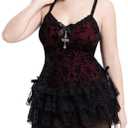 LANSHULAN Goth Plus Size Retro Dress Grunge Punk Flocked Cross Bow Lace Trim Gothic Dress with Safety Shorts 3XL