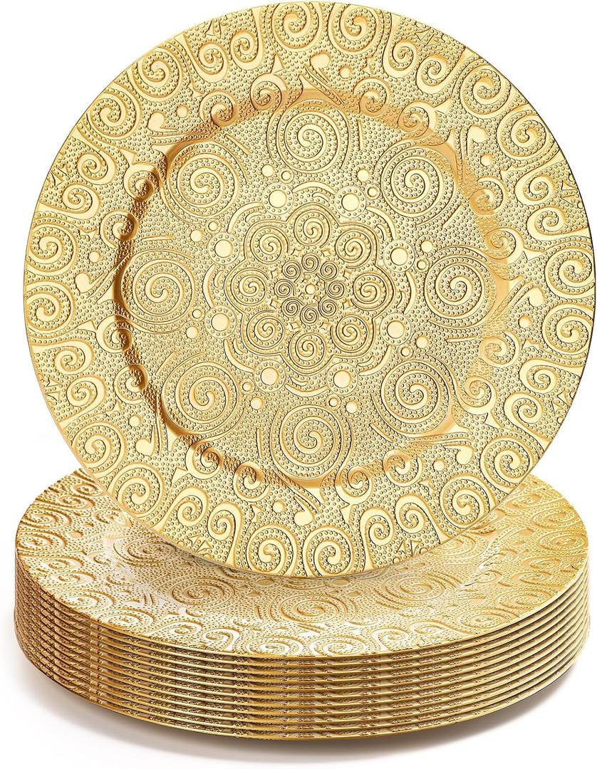 SOUJOY 12 Pack Gold Charger Plates, 13 Inch Plastic Dinner Plate, Reusable Round Phoenix Pattern Elegant Serve Ware Plates for Weddings, Parties, Anniversary, Thanksgiving, Large