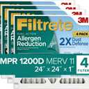 Filtrete 24x24x1 Air Filter MPR 1200D MERV 11, Allergen Reduction Plus Dust, 4-Pack Filters (exact dimensions 23.81x23.81x0.81)