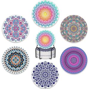 6 Pcs Coasters for Drinks with Holder,Flower Mandala Boho Absorbent Coaster with Cork Backing,Great Gift for Housewarming,Room Decor,Bar,Holiday Party